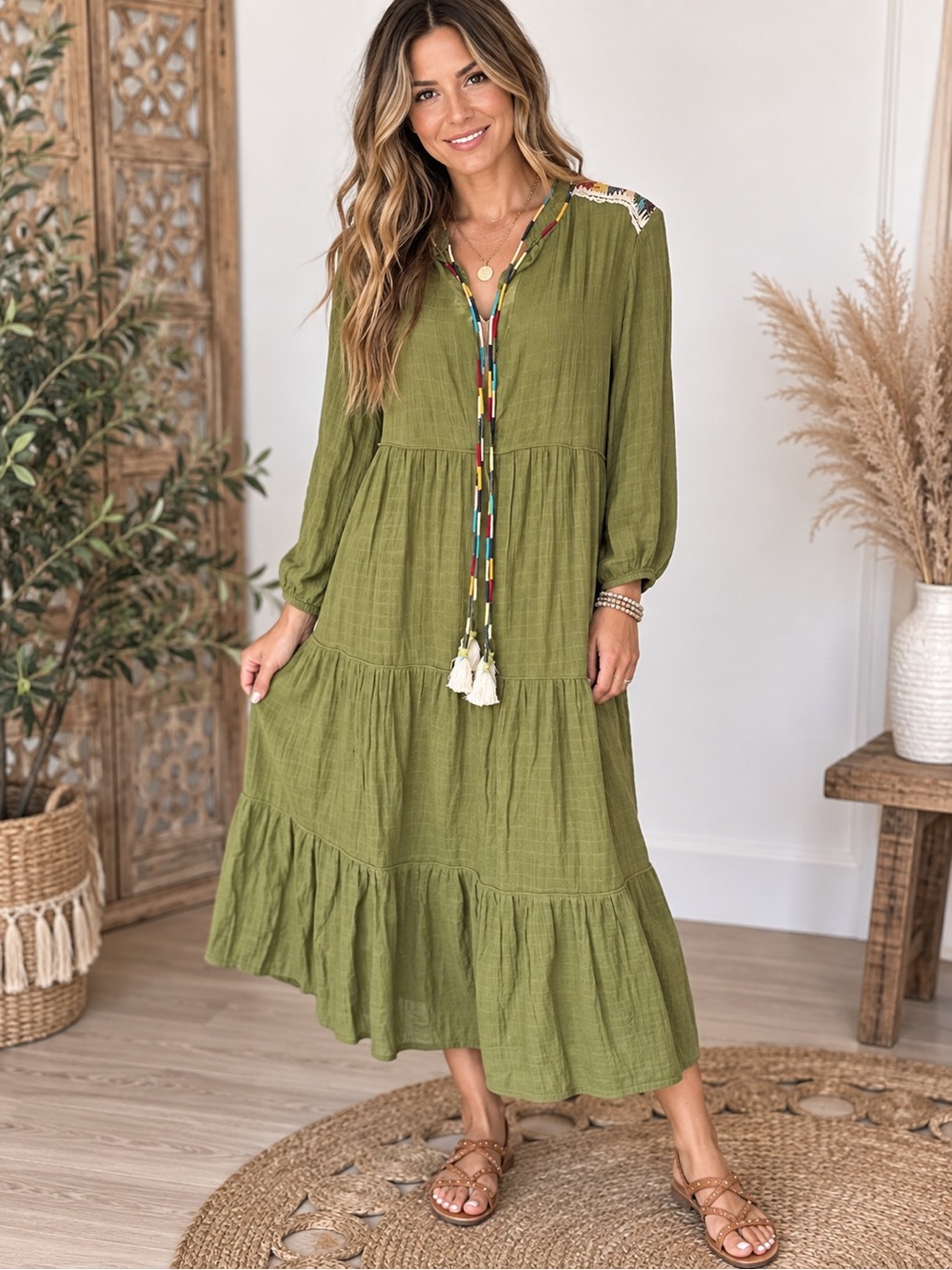 Rocking Gypsy El Matador Maxi Dress Olive Green Tiered w Tassel Tie